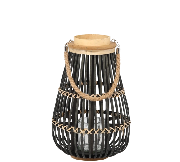 Leseni lampijon 25 × 40 cm s steklenim vložkom – črn