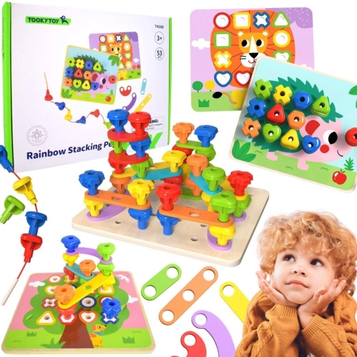 Večnamenska tabla Tooky Toy z barvnimi vijaki za učenje oblik