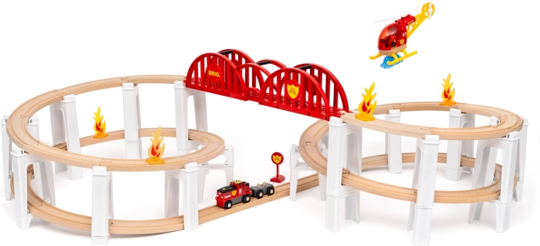 Brio World megaspirala – lesena vlakovna proga z mostom, gasilskimi dodatki in helikopterjem