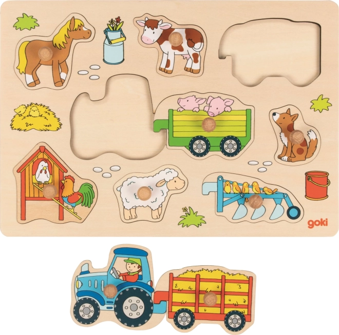 Goki wooden peg puzzle tractor on the farm