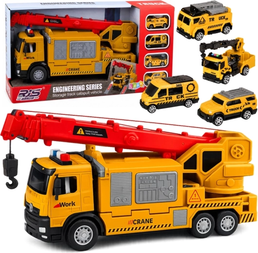 Rumeni žerjavni tovornjak s transporterjem vozil z lučmi in zvoki (4 mini vozila)