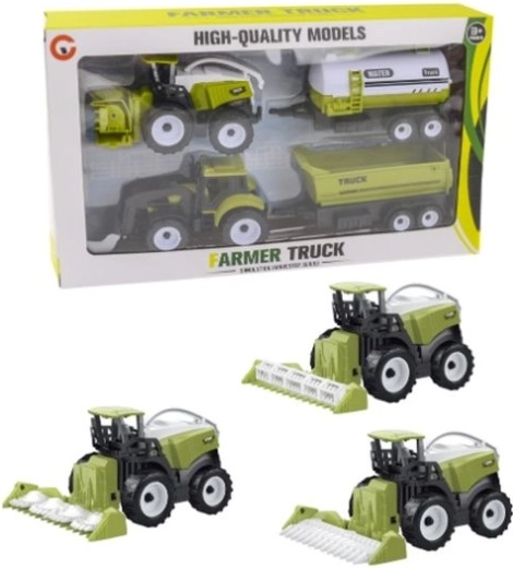 Komplet kmetijskih vozil: kombajn in traktor s prikolicami