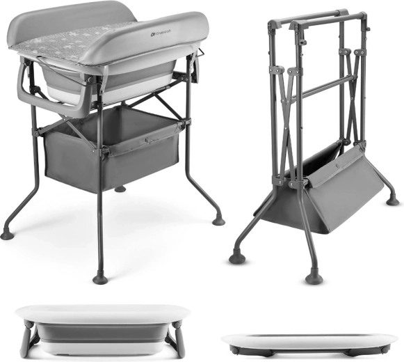Kinderkraft previjalna miza z banjico Bubbly Grey – zložljiv previjalni pult in otroška banjica