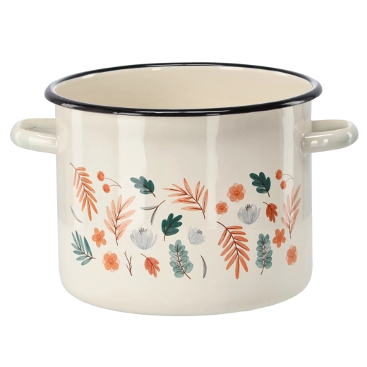 Emajliran lonec 5,5 l, premer 22 cm, kremne barve z motivom listov