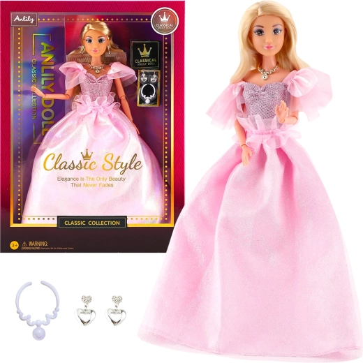 Modna punčka v elegantni rožnati obleki