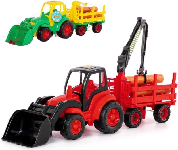 Traktor s čelno lopato in gozdarsko prikolico