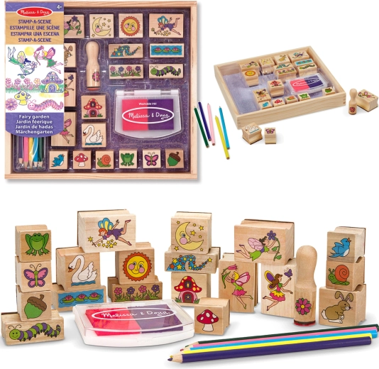 Melissa & Doug ustvarjalni komplet leseni žigi Vilinski vrt (20 motivov, črnilo in barvice)