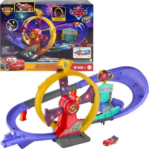Mattel Disney Pixar Avtomobili – dirkalna steza Odjezdne proslave s svetlečim Strelo McQueenom