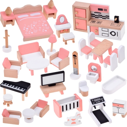 Wooden dollhouse furniture – 34-piece set