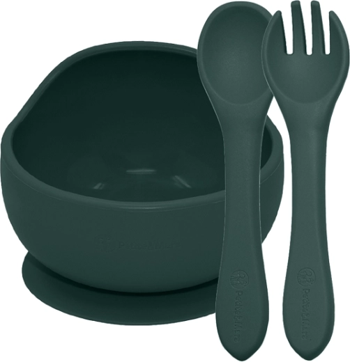 Silikonski jedilni set s priseskom Misty Green (skledica + pribor) 6m+