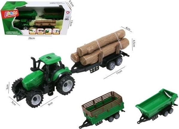 Zeleni traktor s 3 prikolicami 18 cm