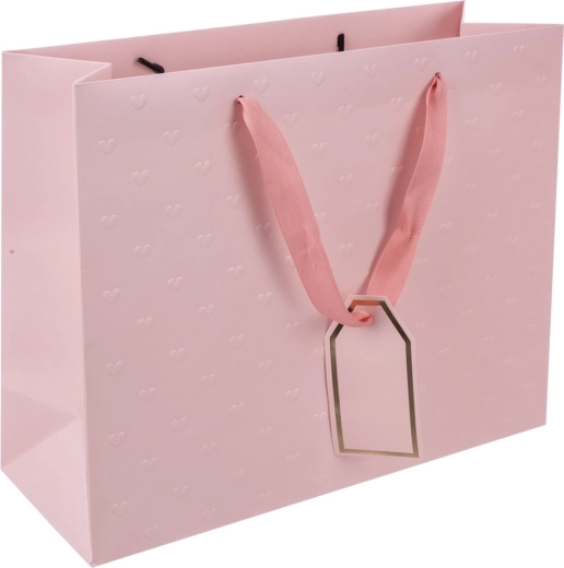 Darilna papirnata vrečka rožnata z reliefnimi srčki 31 × 12 × 26 cm