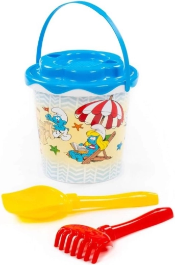 Komplet za pesek Smrkci vedro s sitom Sonček