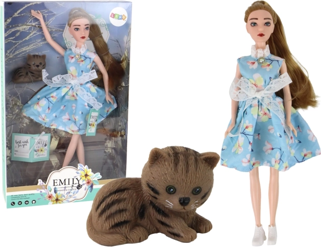 Punčka Emily spomladanska z dolgimi lasmi v modri obleki in muckom