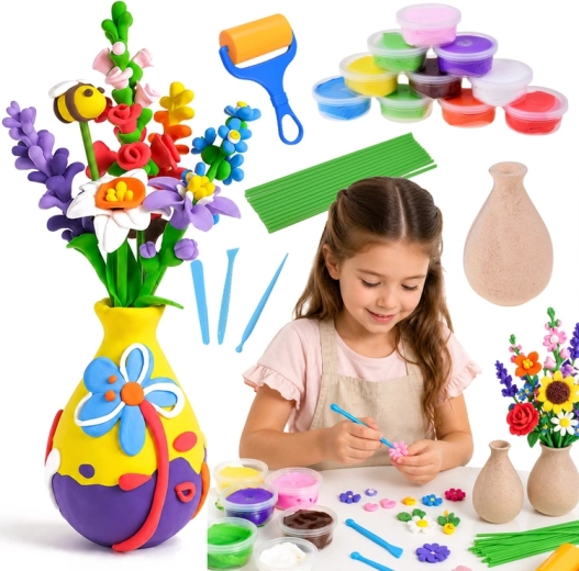 Kreativni DIY komplet za izdelavo cvetja iz lahke samosušeče mase z vazo (28 delov)