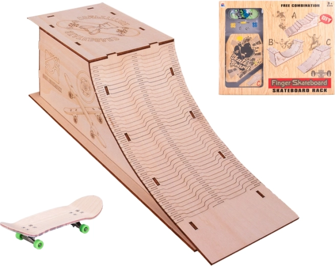 skateboard 10 cm z leseno rampo – kovinski mini fingerboard set