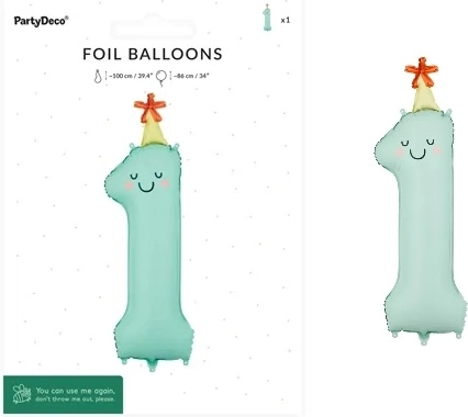 Folijski balon številka 1, mint barve, z obrazom, 86 cm