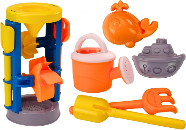 Velik komplet za pesek z mlinčkom, lopatko, grabljicami, zalivalko in modelčki