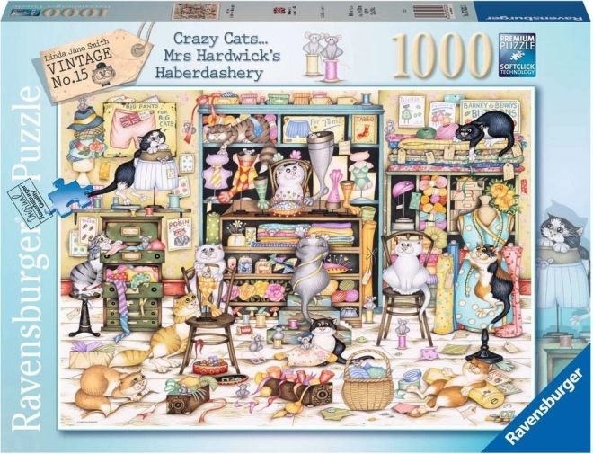 Sestavljanka RAVENSBURGER Crazy Cats – mačje vragolije v galanteriji, 1000 koščkov
