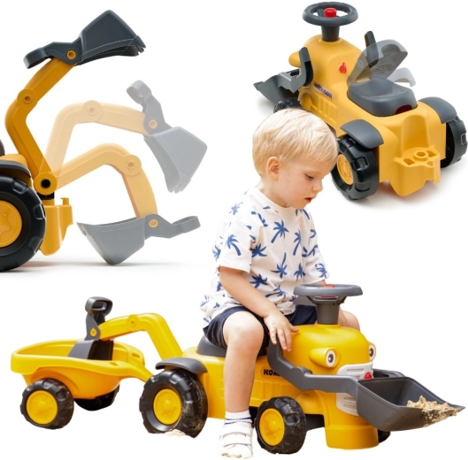 Poganjalec FALK KOMATSU s sprednjo žlico, zadnjim bagrom in prikolico