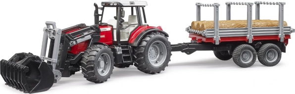 BRUDER traktor MASSEY FERGUSON 7480 s čelnim nakladalnikom in prikolico za hlode