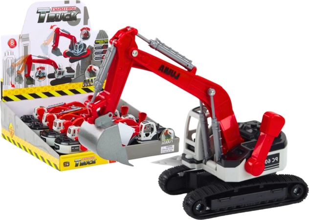 Kovinski verižni bager rdeče-bel z žlico