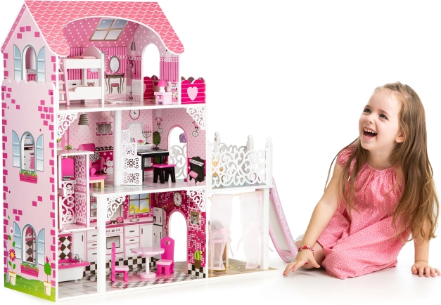 Lesena hiška za punčke s toboganom