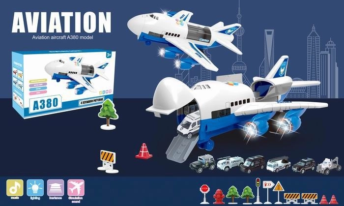 Letalo A380 s policijskimi avtomobili ter svetlobnimi in zvočnimi učinki