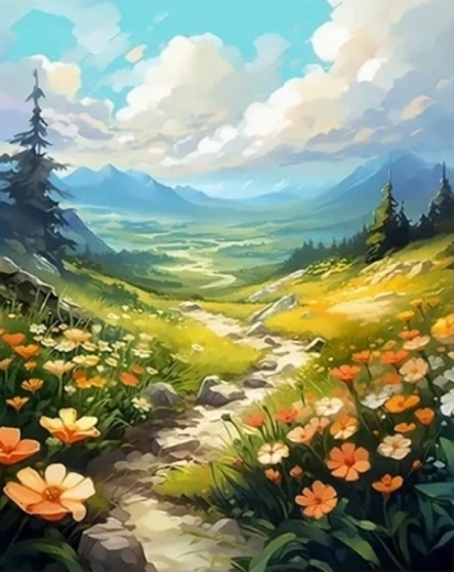 Diamantno slikanje Cvetlična gorska pot 30 × 40 cm