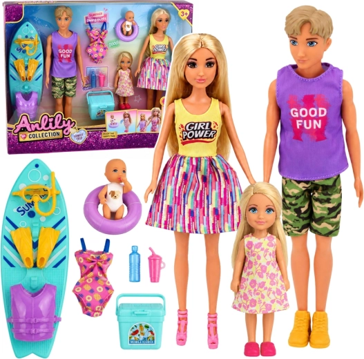 Anlily družinski set punčk – deskarji s dojenčkom in dodatki za plažo