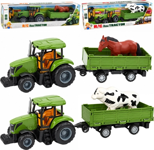Zeleni traktor s prikolico in konjem na daljinsko upravljanje
