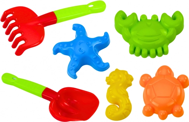 Komplet igrač za pesek z lopatko, grabljicami in modelčki