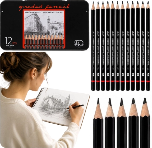 Professional sketching pencil set in a metal case (12 pcs)