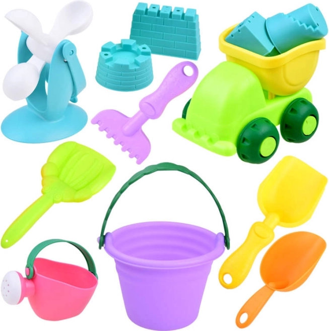 Komplet peskovnih igrač z barvitim vedrom in avtomobilčkom
