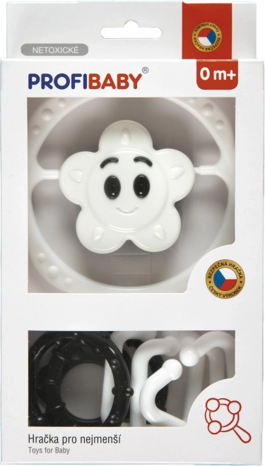 Komplet ropotuljic črno-bel – verižica za voziček in ropotuljica zvezdica/rožica