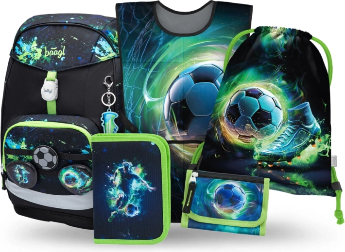 Šolski komplet BAAGL Airy Plus Nogomet – nahrbtnik, peresnica, vrečka, predpasnik in denarnica