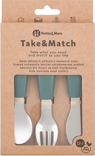 Petite&Mars set otroškega jedilnega pribora iz nerjavnega jekla Take&Match Misty Green 12m+