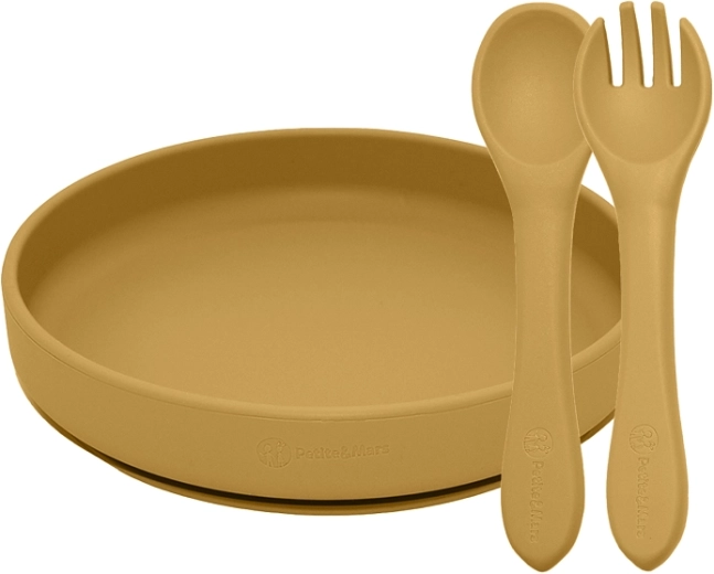 Petite&Mars jedilni silikonski set Take&Match krožnik in pribor Intense Ochre 6m+