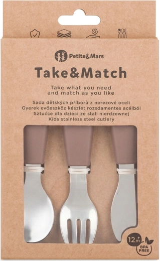 Petite&Mars komplet otroškega jedilnega pribora iz nerjavečega jekla Take&Match Velvet latte 12m+