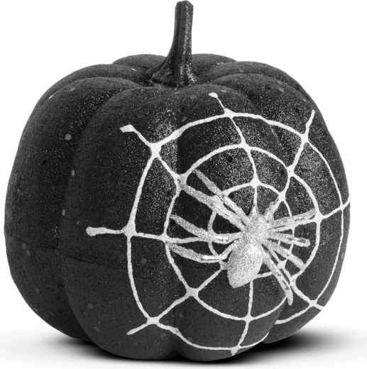 Halloweenska dekoracija buče s pajkom in črnimi bleščicami, 15 cm