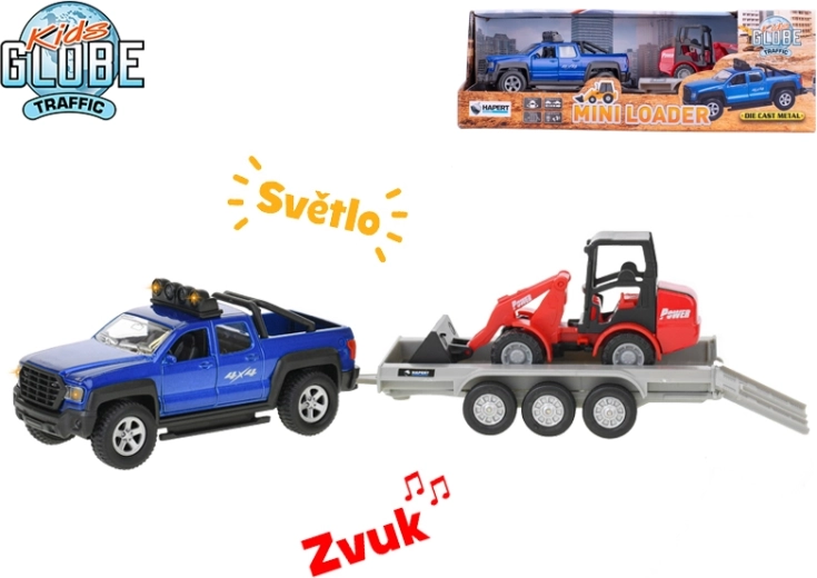 Kids Globe Traffic SUV z vzvratnim hodom, lučjo in zvokom, z odklopno prikolico in bagrom 30 cm
