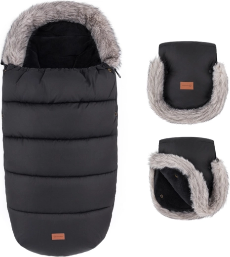 Petite&Mars zimski set: zimska vreča Comfy 4v1 in rokavice za voziček Furry forever black