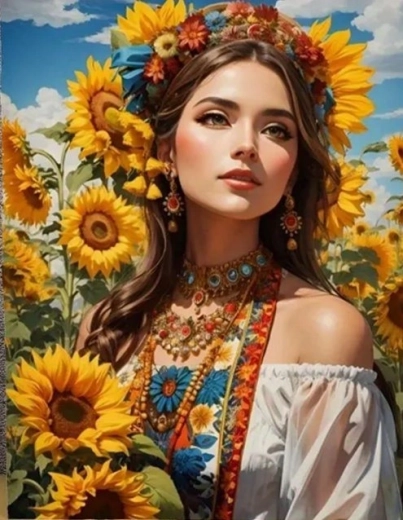 Diamantno slikanje Slovenka med sončnicami 30 × 40 cm