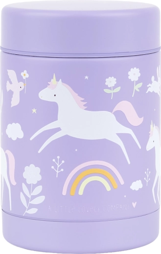 A Little Lovely Company izolirana posoda za hrano iz nerjavnega jekla – samorogi in mavrica 300 ml