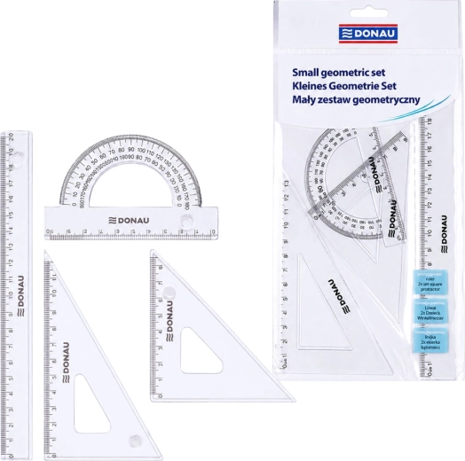 Majhen geometrijski set DONAU z ravnilom 20 cm, trikotniki in kotomerom, prozoren - 1 kos