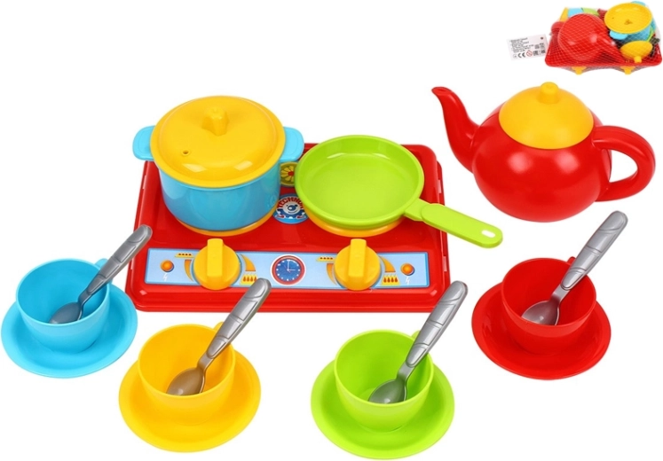 Otroška kuhinjica s štedilnikom in posodami, 17-delni komplet v mrežasti vrečki