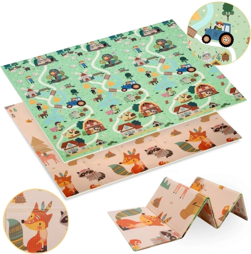 Dvostranska zložljiva penasta igralna podloga XPE 180 × 200 cm gozd in vas Humbi