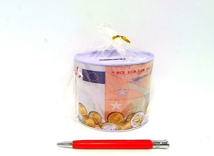 Metal money box with euro banknote design