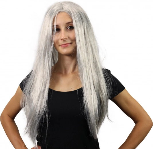 srebrna čarovniška lasulja z dolgimi lasmi