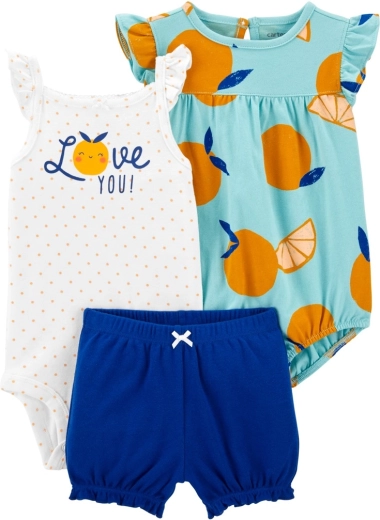 Carter’s 3-piece baby set: tank bodysuit, short-sleeve bodysuit and shorts blue orange (girl)